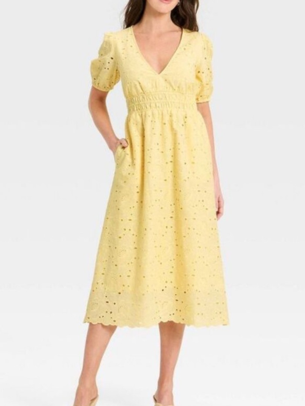 Puff Elbow Sleeve Eyelet Midi Empire Waist Dress - A New Day Yellow S-